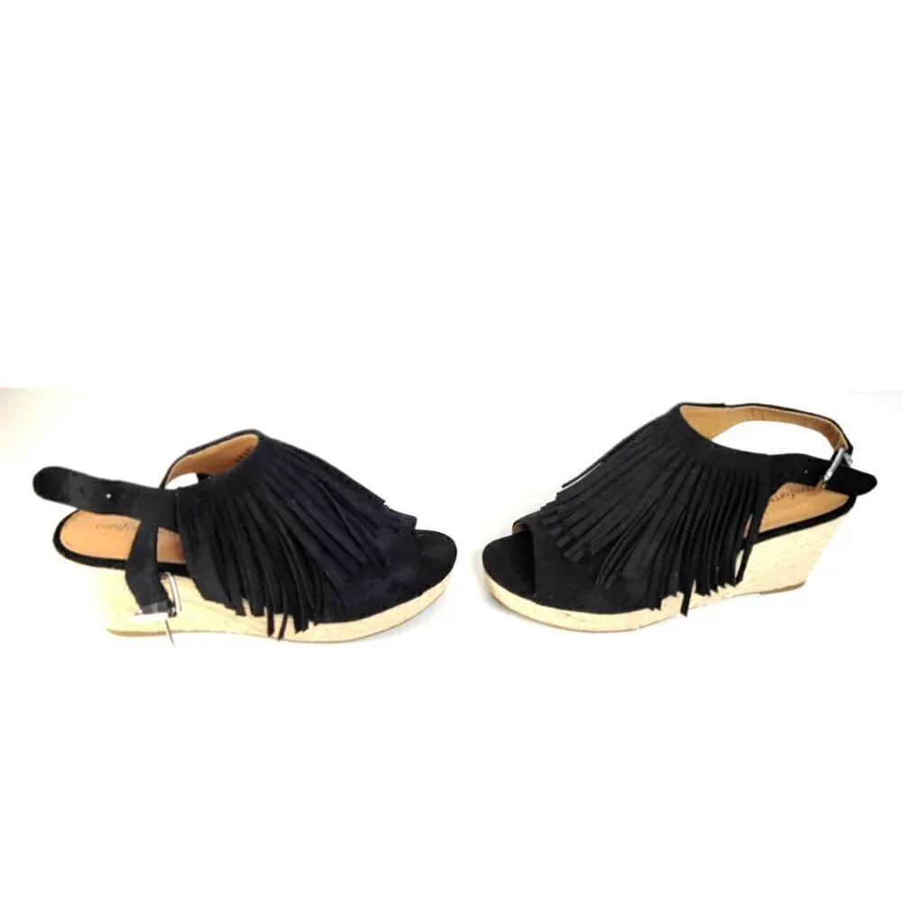 Comfortview Diane Espadrille Sandals Heels Wedge Fringe Black Women Size 9M